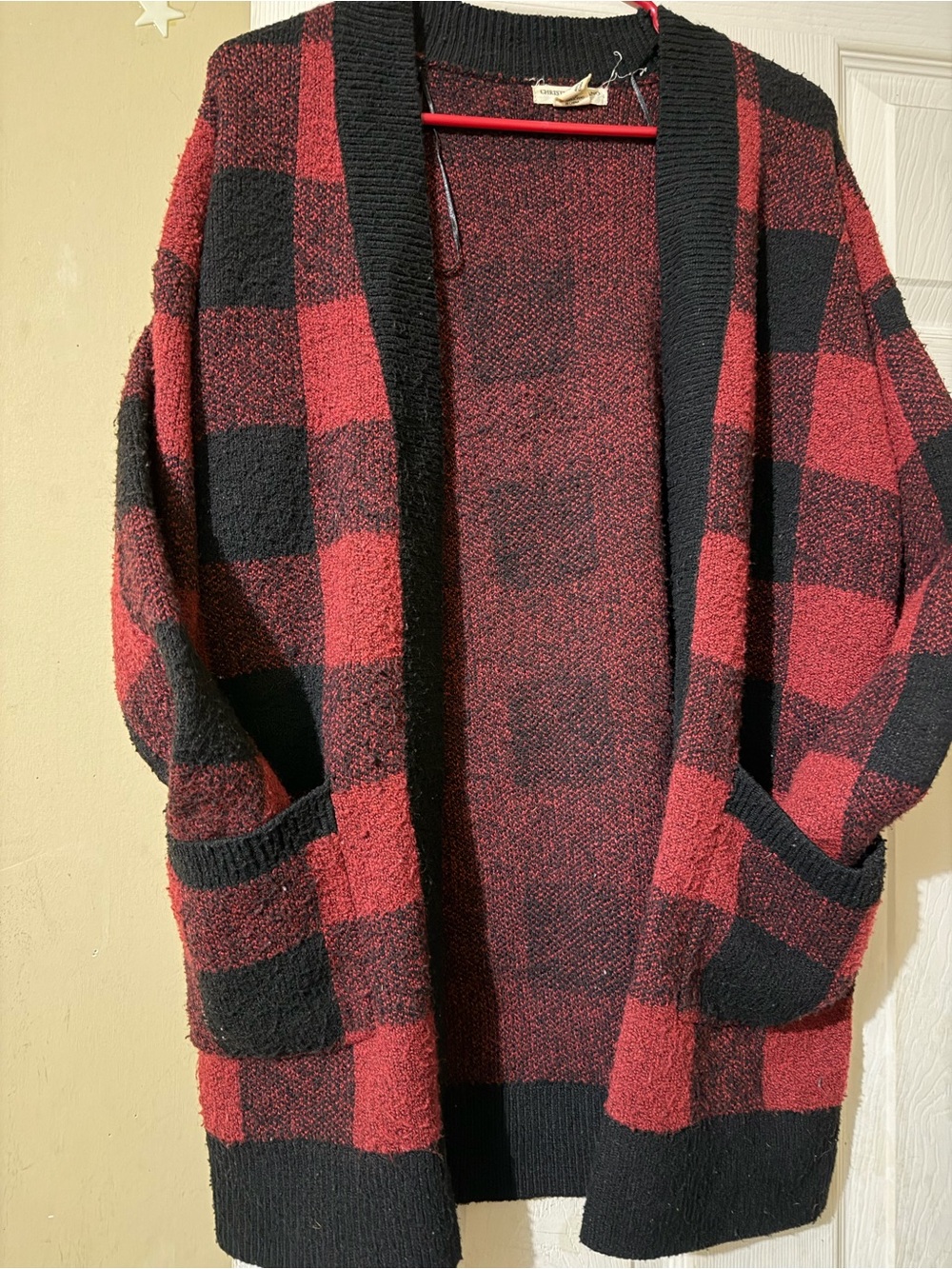 Christian Siriano Red and Black Buffalo Plaid Open Cardigan